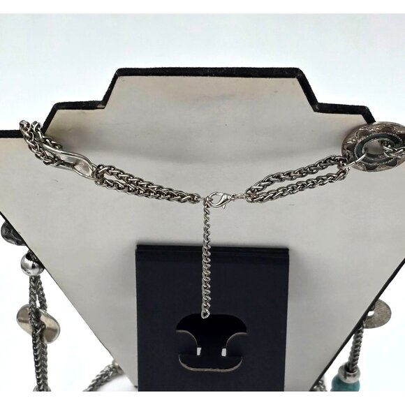 Southwestern Multi-Chain Station Necklace 40" Textured Discs Faux Turquoise Bead - Picture 2 of 8